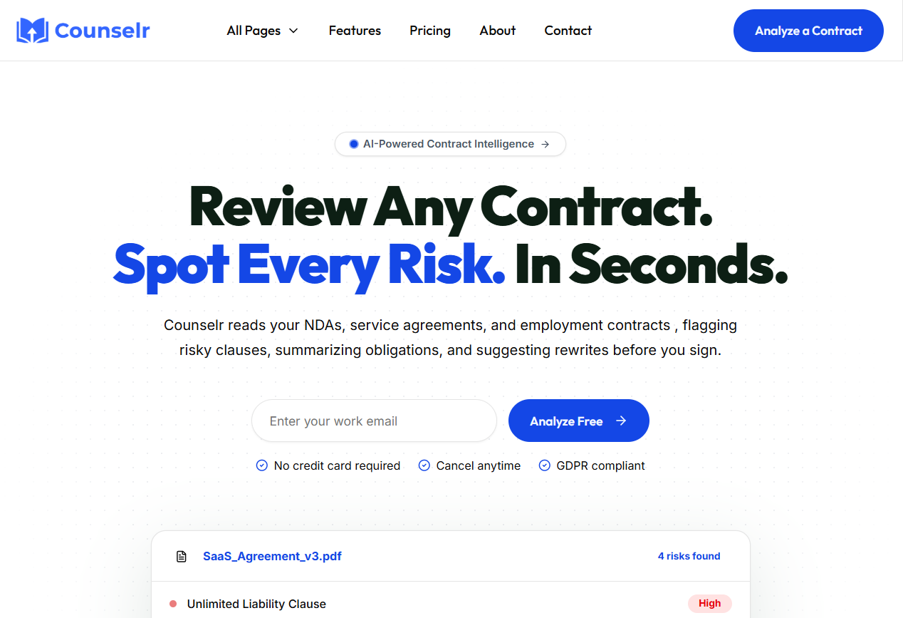 Counselr contract analysis product homepage