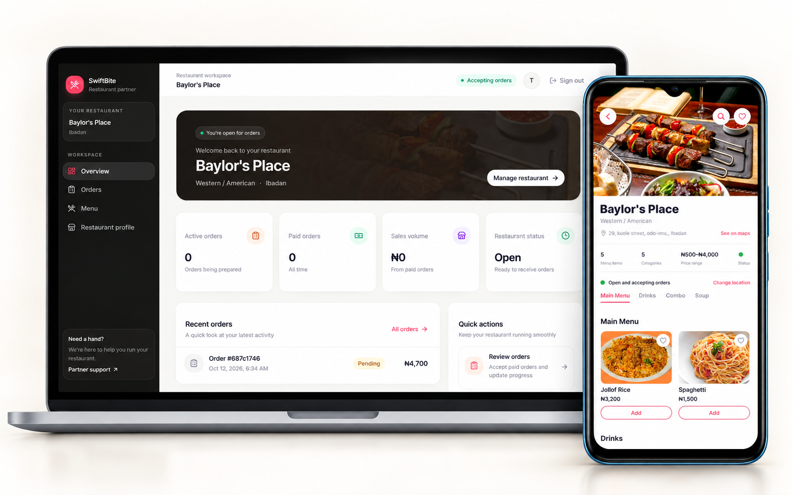 SwiftBite restaurant dashboard and customer mobile app displayed together